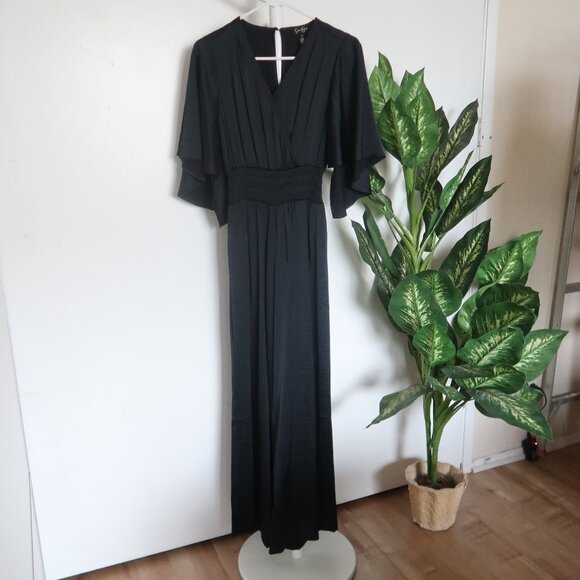 Jessica Simpson Black Satin Flutter Sleeve Jumpsuit Smocked Waist Wide Leg XS - Picture 2 of 11